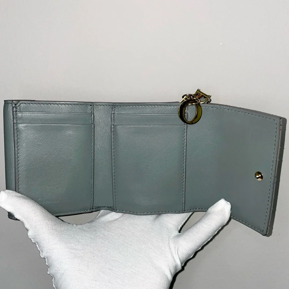 Auth CHRISTIAN DIOR Lady Dior Gray Trifold wallet  with Dior Charm